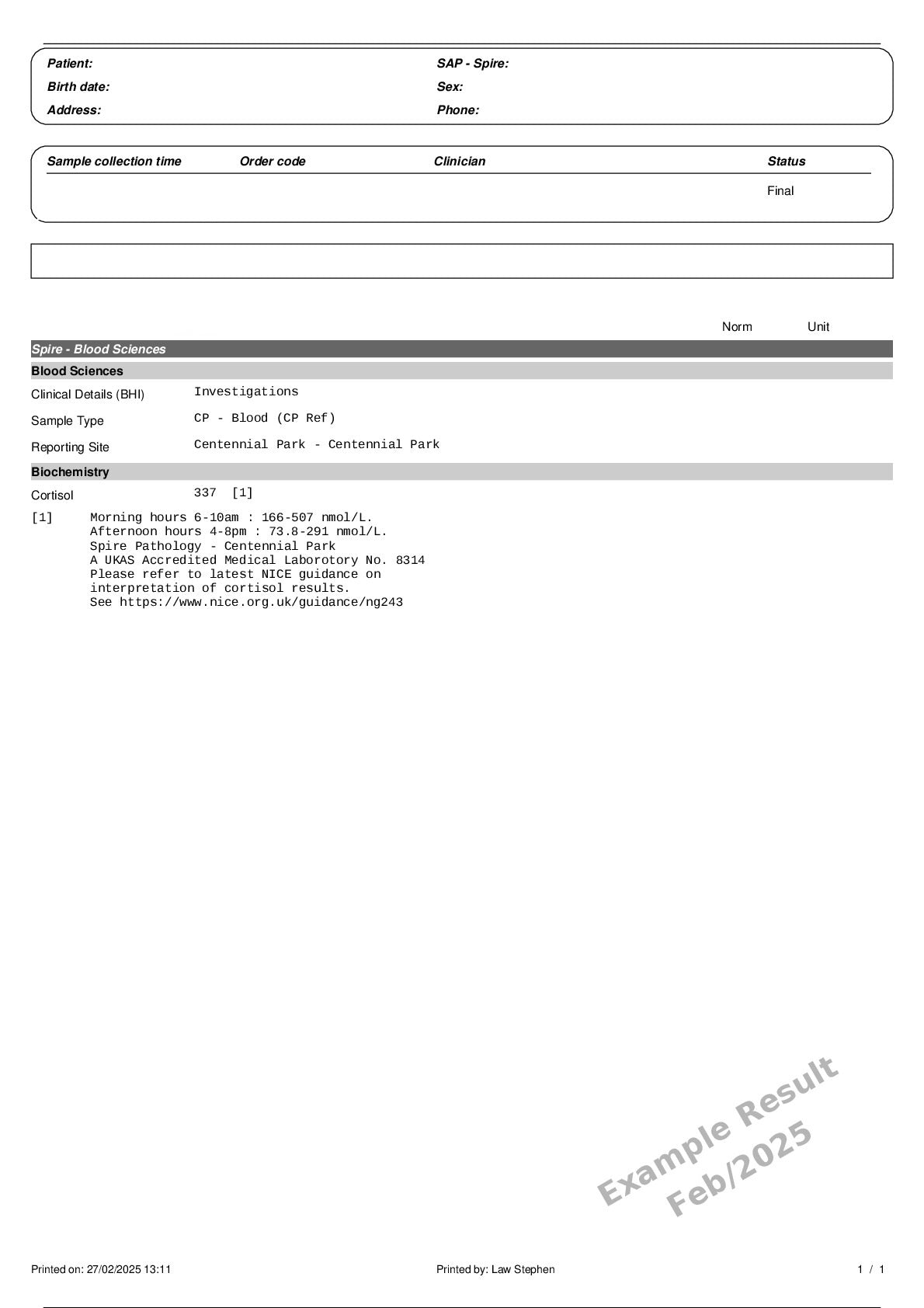 Cortisol Example Result