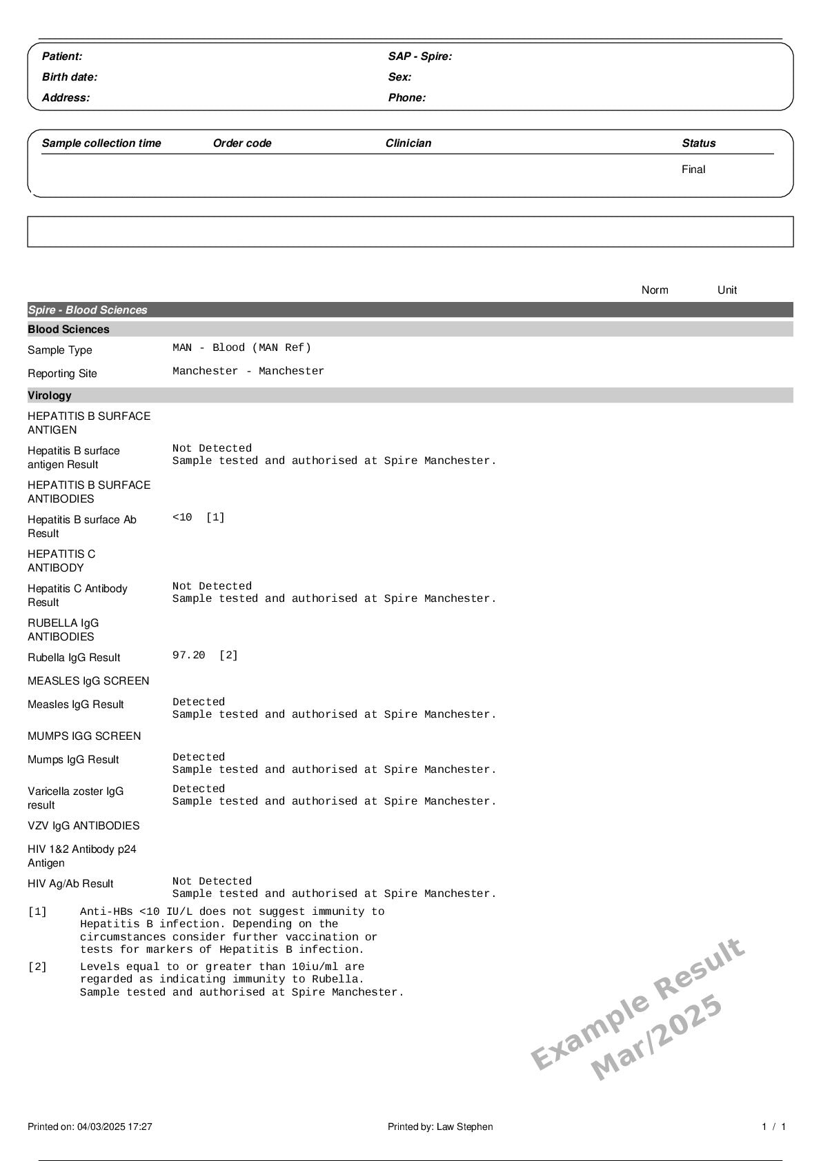 IgG Immunity Blood Test Profile 6